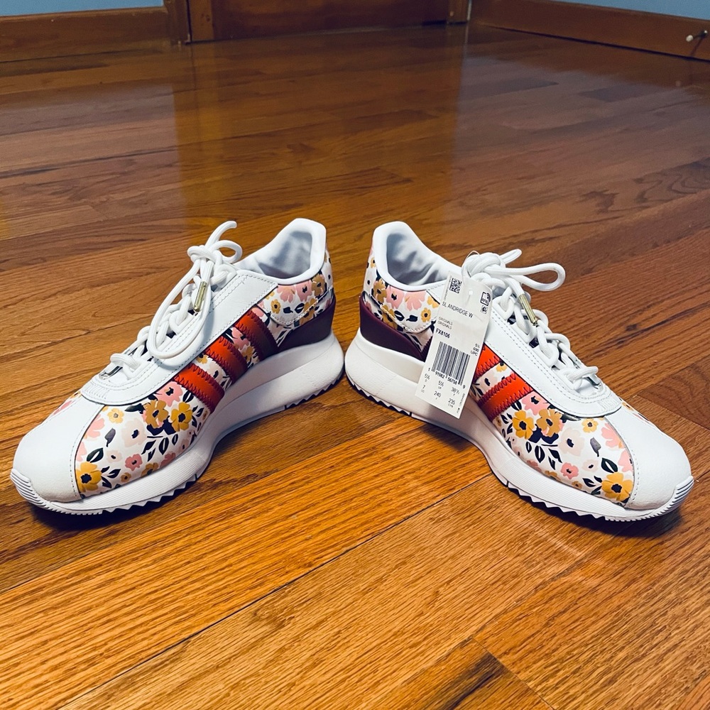 adidas Women's White Sneakers with Floral Print and Orange Stripes - Picture 5 of 12